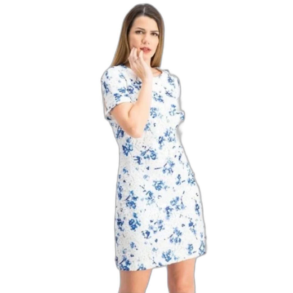 Lauren Ralph Lauren Sheath Dress Size 12 Blue & White Floral Lace Short Sleeves